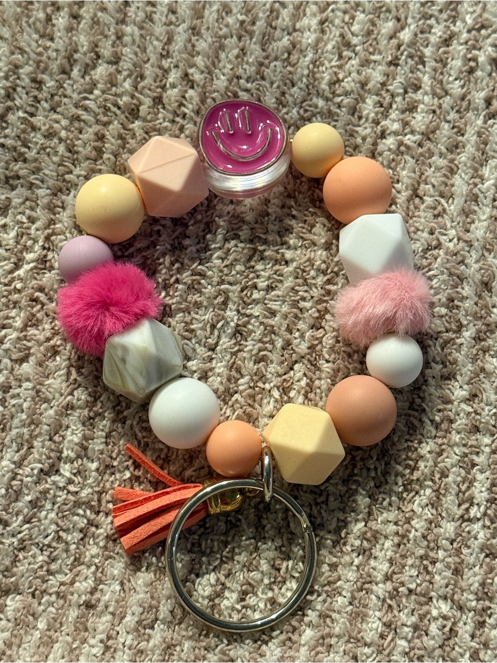 Pom-Pom Beaded Keyring Wristlet - Pink, Peach & Cream